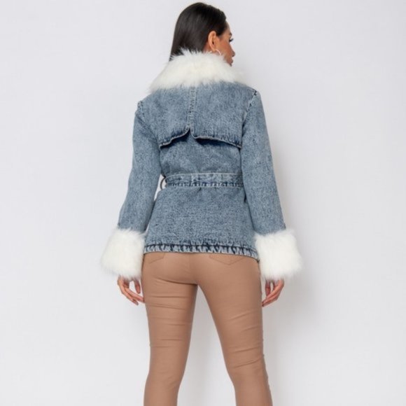 Long Sleeve Shearling Lined Faux Fur Collar and Cuff Denim Jeans Jacket - Picture 3 of 12